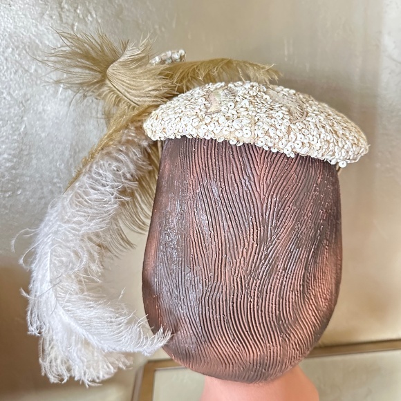 FANCY 1950s\' MOTHER OF PEARL SEQUIN COCKTAIL HAT + OSTRICH FEATHERS main image 10